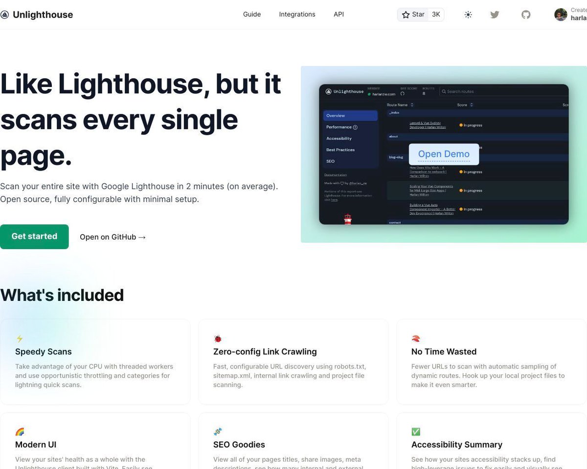 FGRibreau's tweet image. Unlighthouse - scan your entire site with Google Lighthouse in 2 minutes (on average). Open source, fully configurable with minimal setup #webperf bit.ly/3QYLzx3