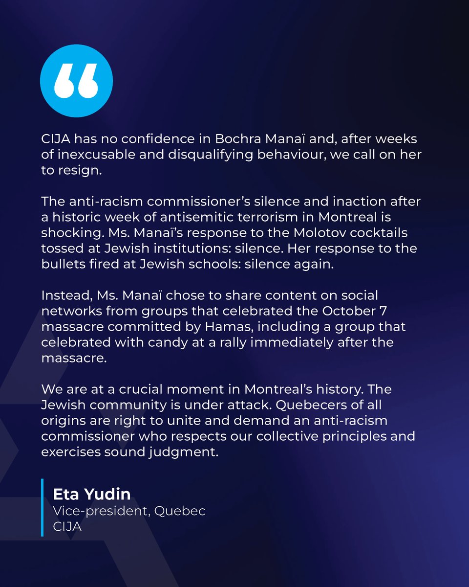 Aujourd'hui, notre vice-présidente pour le Québec, Eta Yudin, a demandé la démission de la commissaire à la lutte contre le racisme de Montréal, Bochra Manaï.

#Polqc #polmtl #montreal