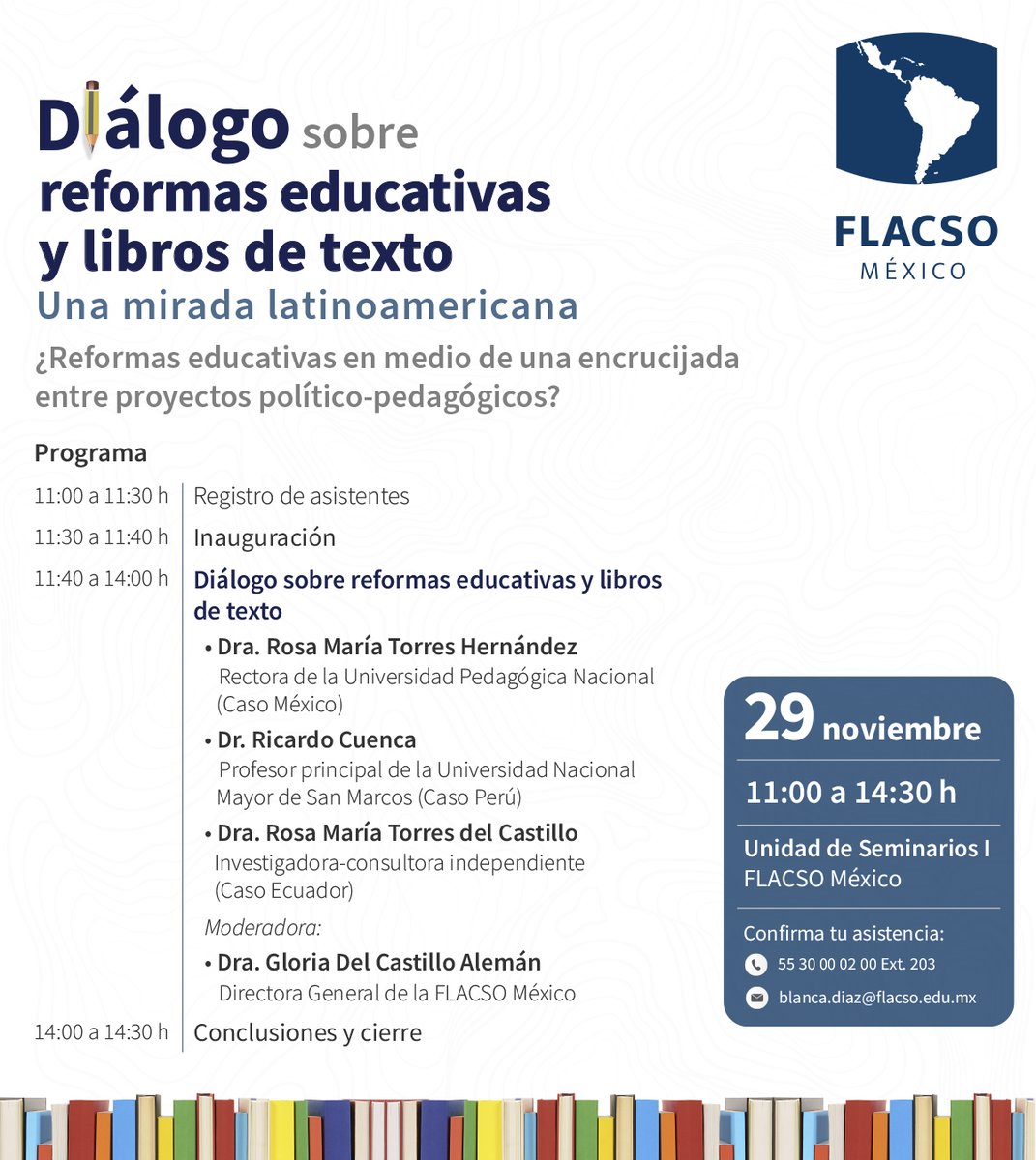FlacsoMx's tweet image. Únete al &apos;Diálogo sobre #ReformasEducativas y #LibrosDeTexto. Una mirada latinoamericana&apos; y conversemos sobre los contextos políticos y sociales, así como los diversos impactos de las reformas educativas implementadas en los últimos años en la región.

🗓️ 29 noviembre · 11:00 h