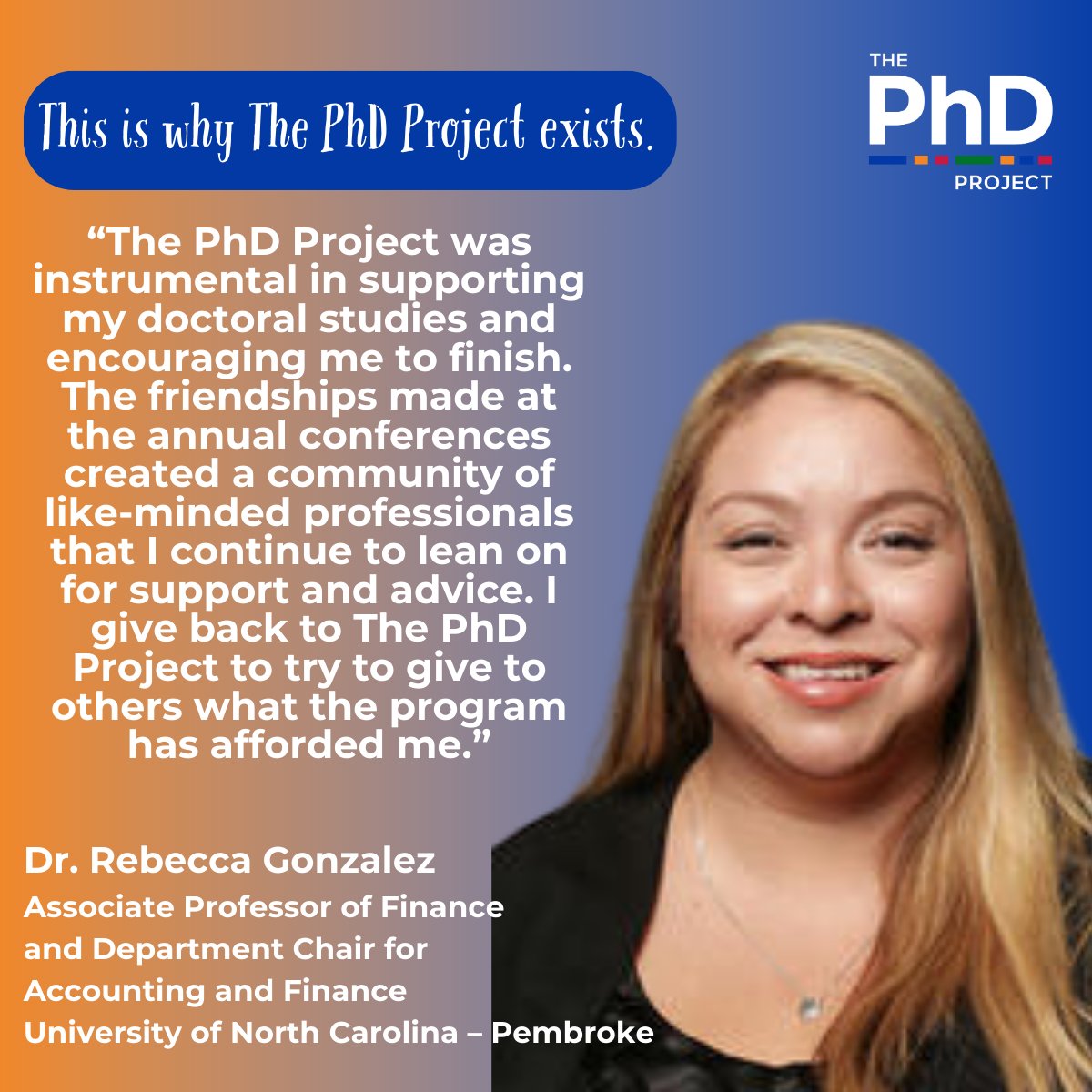 ThePhDProject's tweet image. Thank you to member Dr. Rebecca Gonzalez of @uncpembroke for your continued #support of The Project. If you’d like to share your #time to help our mission like Dr. Gonzalez, visit: bit.ly/3UZwsSF. #ThePhDProject #MakingADifference