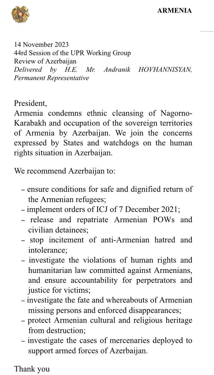 #UPR44 of #Azerbaijan Amb. Hovhannisyan pointed at ethnic cleansing of #Nagorno-Karabakh, massacres &forced displacement of Armenians in Azerbaijan in 1990s. He reminded about the reports of UN Treaty Bodies &Special Procedures on Azerbaijan. Armenia made recommendations to AZ 👇🏻