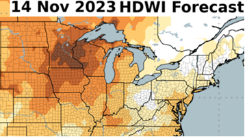 Strong winds, mild temperatures, and moderate RH levels expected across the Upper Mississippi Valley through Tuesday afternoon, November 14, 2023. Hot, Dry and Windy Index for 11/14/23.