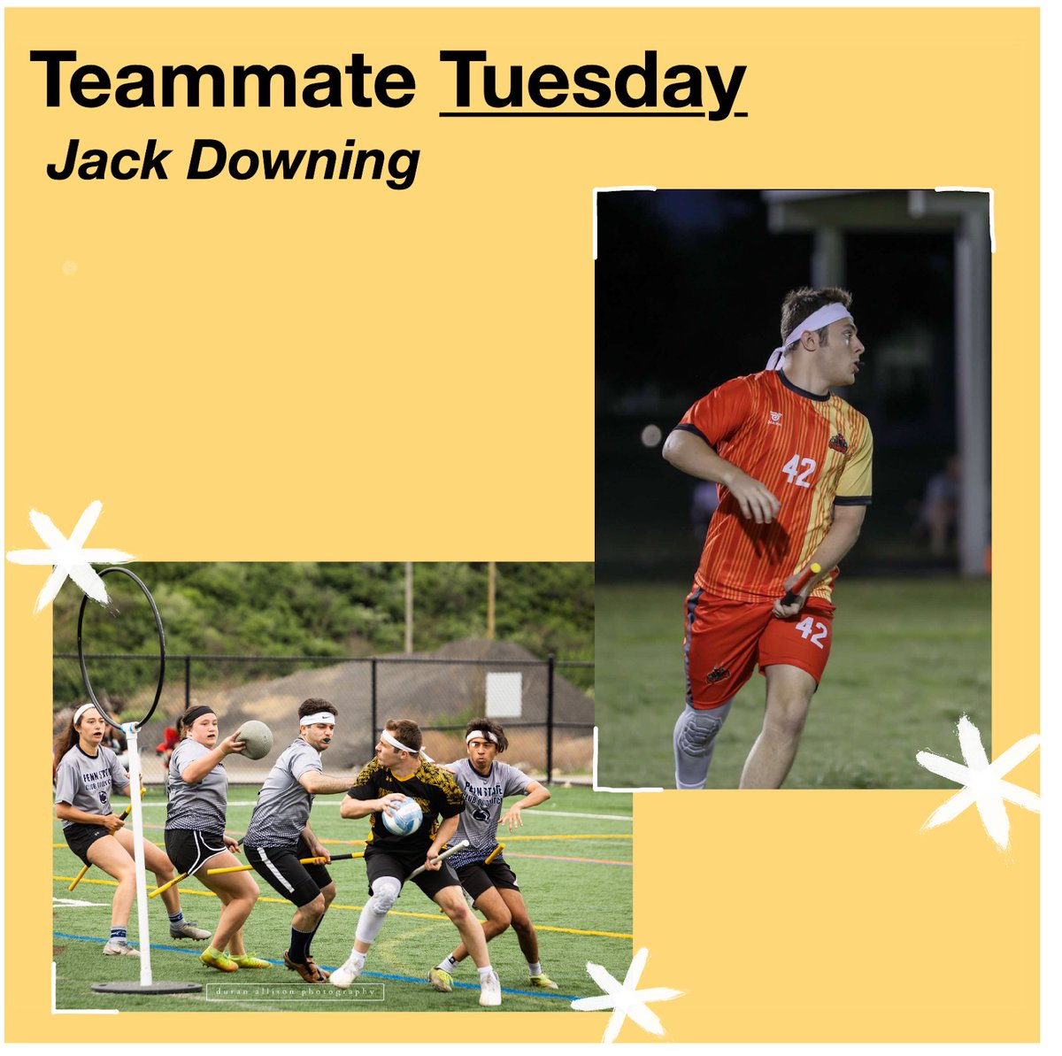 Our next player highlight is Jack Downing!  

Number: 42  

Position: Seeker/Chaser  

Years on team: 2  

Major: Psychology/Criminology  

Favorite thing about Quadball: My team  

Favorite type of apple: Honey crisp  

📸: Duran Allison Photography