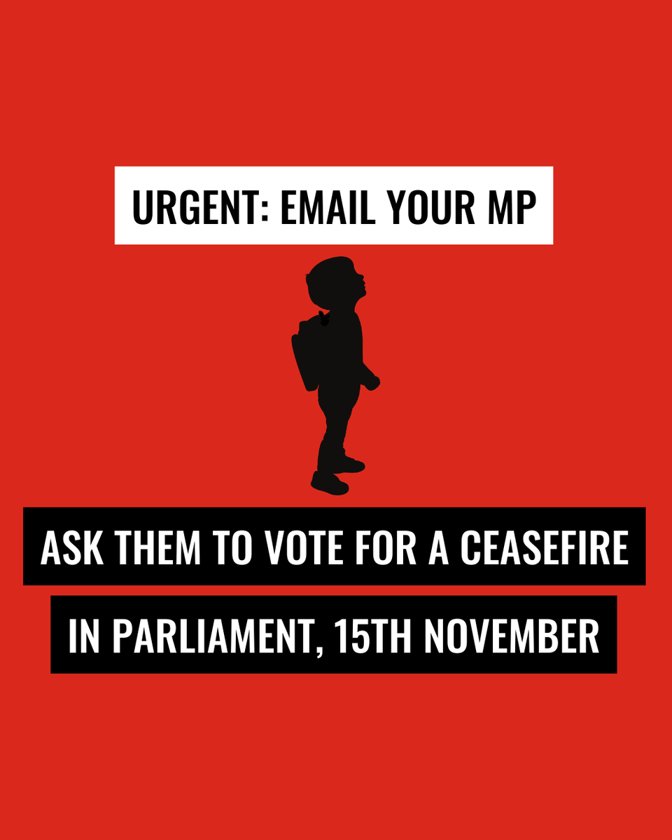 URGENT: Tomorrow, Parliament is likely to debate whether the UK government should call for an immediate ceasefire in #Gaza and #Israel. Send them an email now – it takes less than 30 seconds using our templated letter ➡️ bit.ly/40GKYDs 🔁 Please retweet