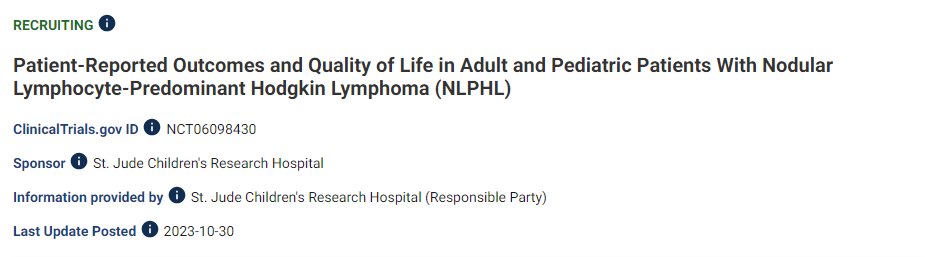 glow_nlphl's tweet image. Our prospective observational study NLPHLPRO is now open at @StJudeResearch! We are studying quality of life and patient-reported outcomes in patients with NLPHL.
Congratulations to PIs Drs. @majorajay, @drvcrabtree, and Anna Jones. #NLPHLsm #lymsm
clinicaltrials.gov/study/NCT06098…