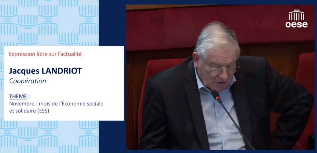 Novembre, mois #ESS ! @jlandriot au nom du groupe de la coopération souligne <a href="/lecese/">CESE</a>  l’apport de l’économie sociale , une économie résiliente, innovante, qui concoure de manière significative au développement éco du pays. 10%PIB, 14% emplois
mois-ess.org