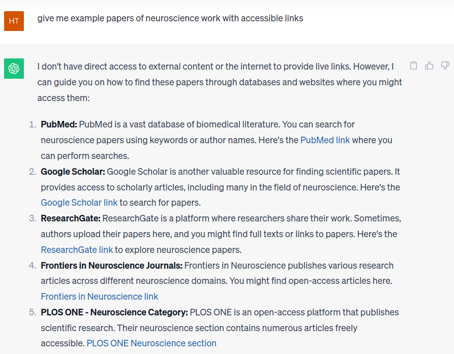 htsujimura's tweet photo. also chatGPT has a function to provide accessible links!

see the blue highlighted texts, which are clickable.

i think still problems are paywalls, but if papers are open accessible, sometimes chatGPT gives me direct links. https://t.co/JGH9jZW4fB