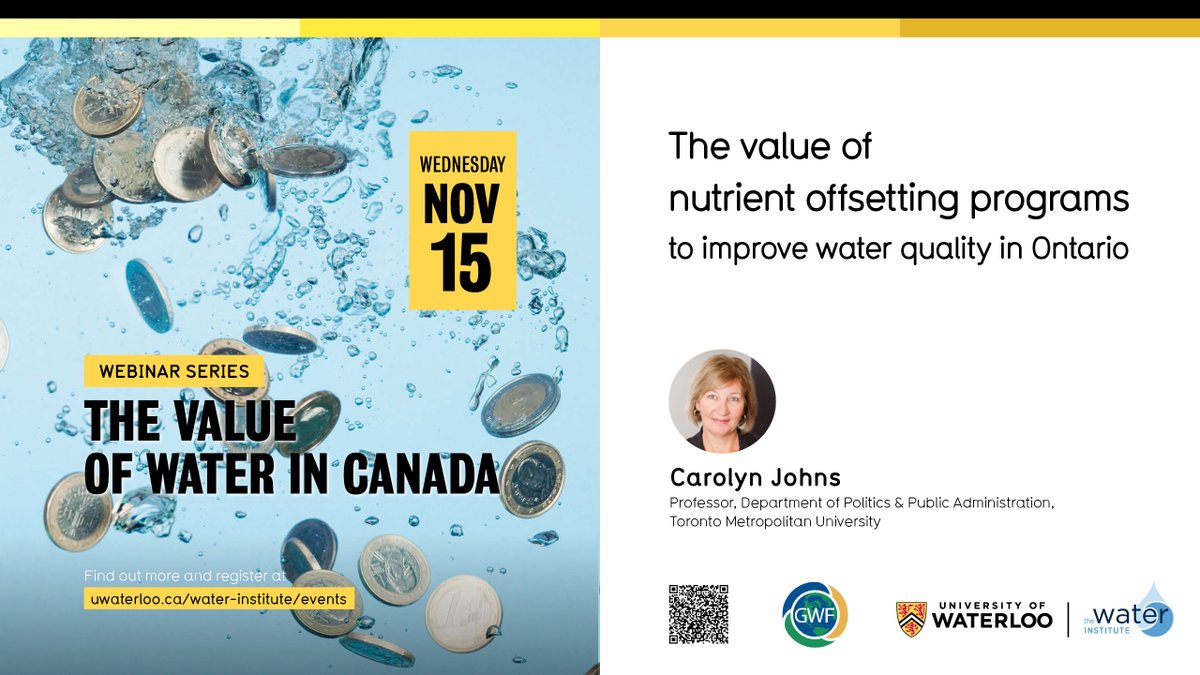 water_institute's tweet image. TOMORROW: The value of nutrient offsetting programs to improve #water_quality in Ontario.

If you haven’t already, register here to join the webinar presented by Carolyn Johns, Professor, Department of Politics &amp;amp; Public Administration, @TorontoMet: bit.ly/3kSh7rf