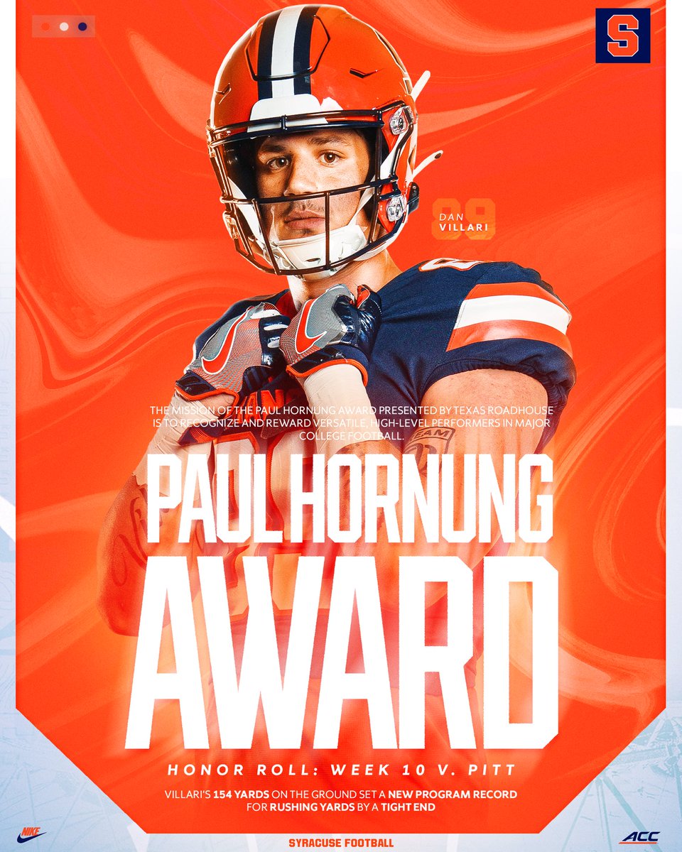 DANimal. @Dan2Villari is on the @hornungaward Honor Roll this week. More: cuse.com/news/2023/11/1…