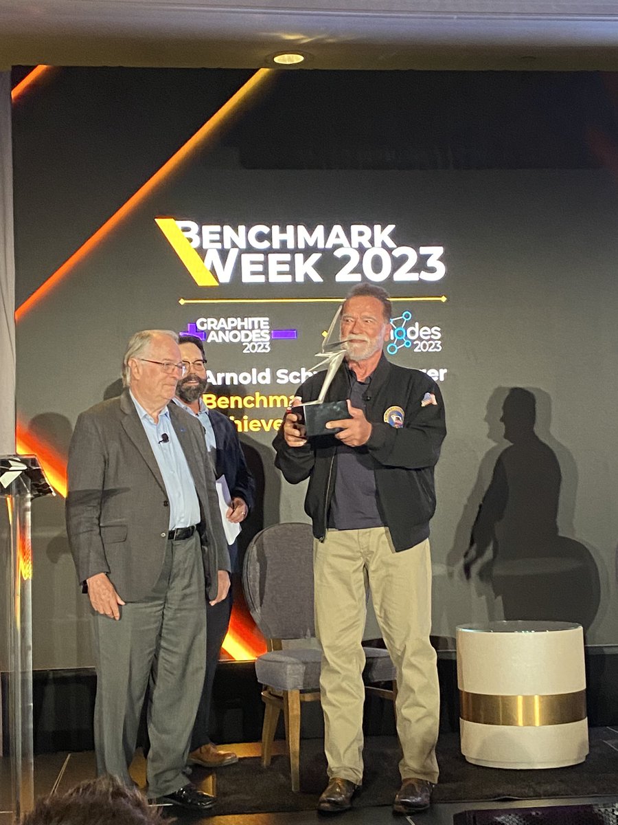 Arnold Schwarzenegger wins a lifetime achievement award at today’s Benchmark Week 2023 conference for his climate work. “This is the most important thing: to make our Earth healthy,” the former Calif. governor tells the strategic minerals conference.
