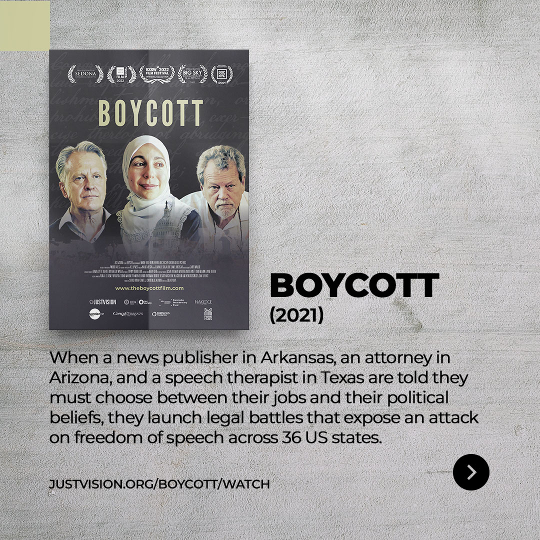 @TheBoycottFilm (2021) >> justvision.org/boycott/watch When a news publisher, an attorney, and a speech therapist are told they must choose between their jobs and their political beliefs, they launch legal battles that expose an attack on freedom of speech across 36 states.