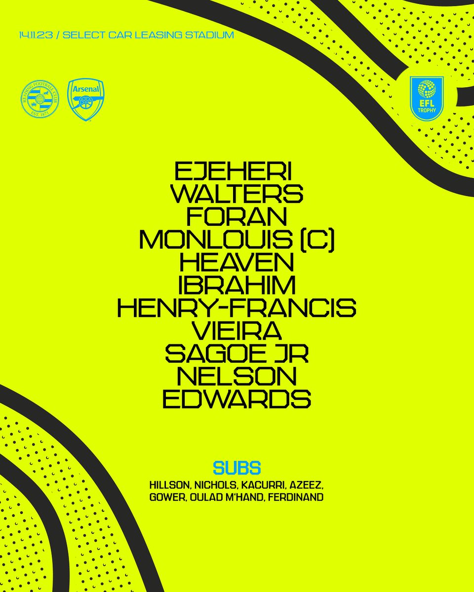 ⚡️ 𝗧𝗘𝗔𝗠𝙉𝙀𝙒𝙎 ⚡️

🧤 Ejeheri between the posts
⚓️ Vieira in midfield
🏎️ Nelson down the wing

Let's do this, Gunners ✊

#AFCU21 | #EFLTrophy