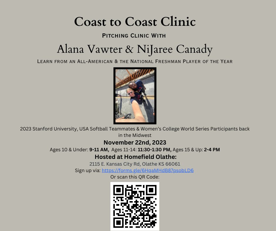 av (@alanavawter) on Twitter photo 🚨Attention all KC area Softball Pitchers🚨
<a href="/CanadyNijaree/">NiJaree Canady</a> and I will be hosting a pitching clinic next week! Feel free to reach out with any questions- we can’t wait to see you all there
forms.gle/wGrKhbZVB9SXwt… 🚨Attention all KC area Softball Pitchers🚨
<a href="/CanadyNijaree/">NiJaree Canady</a> and I will be hosting a pitching clinic next week! Feel free to reach out with any questions- we can’t wait to see you all there
forms.gle/wGrKhbZVB9SXwt…