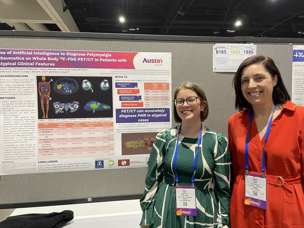 Claire Owen (@drceowen) on Twitter photo Come say hi at poster 1890 #ACR23 - AI to diagnose atypical #PMR on PET/CT. Delighted to see Dr Emily Martin present this important work <a href="/Austin_Health/">Austin Health</a> <a href="/earlyARA/">ARA Early Career Group</a> <a href="/drdavidliew/">David Liew</a> @DrCMcMaster <a href="/bonnialiu/">Bonnia Liu</a> Come say hi at poster 1890 #ACR23 - AI to diagnose atypical #PMR on PET/CT. Delighted to see Dr Emily Martin present this important work <a href="/Austin_Health/">Austin Health</a> <a href="/earlyARA/">ARA Early Career Group</a> <a href="/drdavidliew/">David Liew</a> @DrCMcMaster <a href="/bonnialiu/">Bonnia Liu</a>