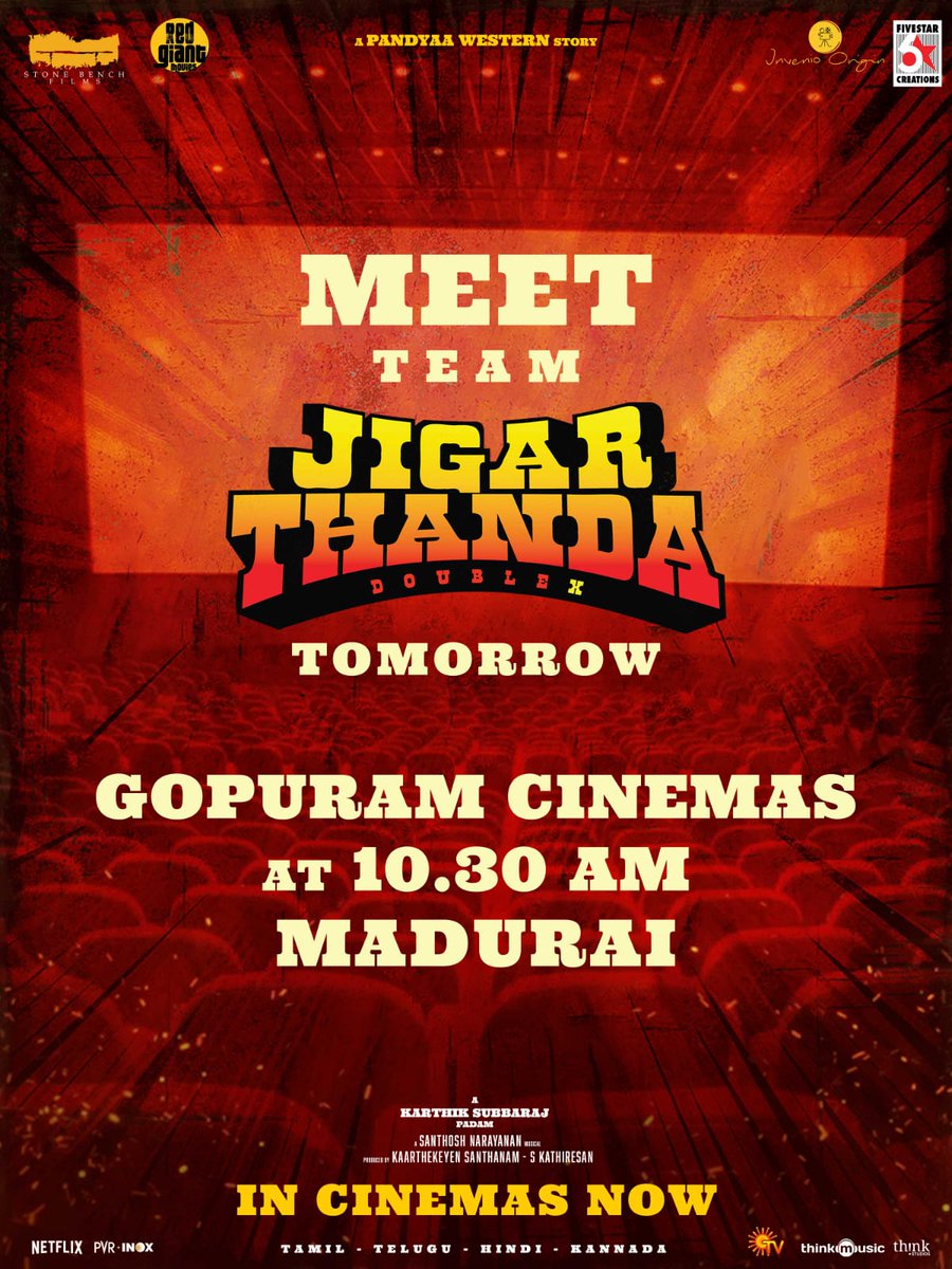 Meet team #JigarthandaDoubleX ❤ they will be visiting @Gopuram_Cinemas theatre in Madurai at 10.30 AM tomorrow! 
#DoubleXDiwaliBlockbuster 
@karthiksubbaraj @offl_Lawrence @iam_SJSuryah  @stonebenchers #AlankarPandian #InvenioOrigin @RedGiantMovies_ @SunTV @onlynikil
