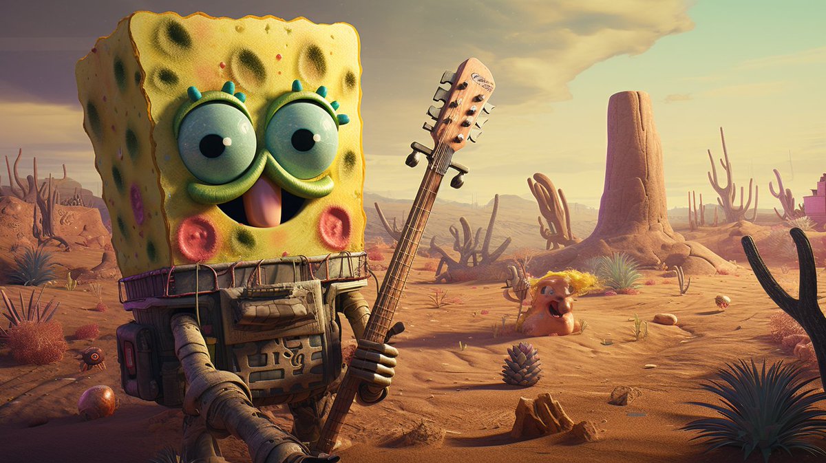 Shinebynous's tweet image. Midjourney's daily theme is desertpunk... This was my outcome... 🤣
Prompt: SpongeBob desertpunk --ar 16:9
#funwithAI
#AIArtwork #AIArtistCommunity #midjourneyart