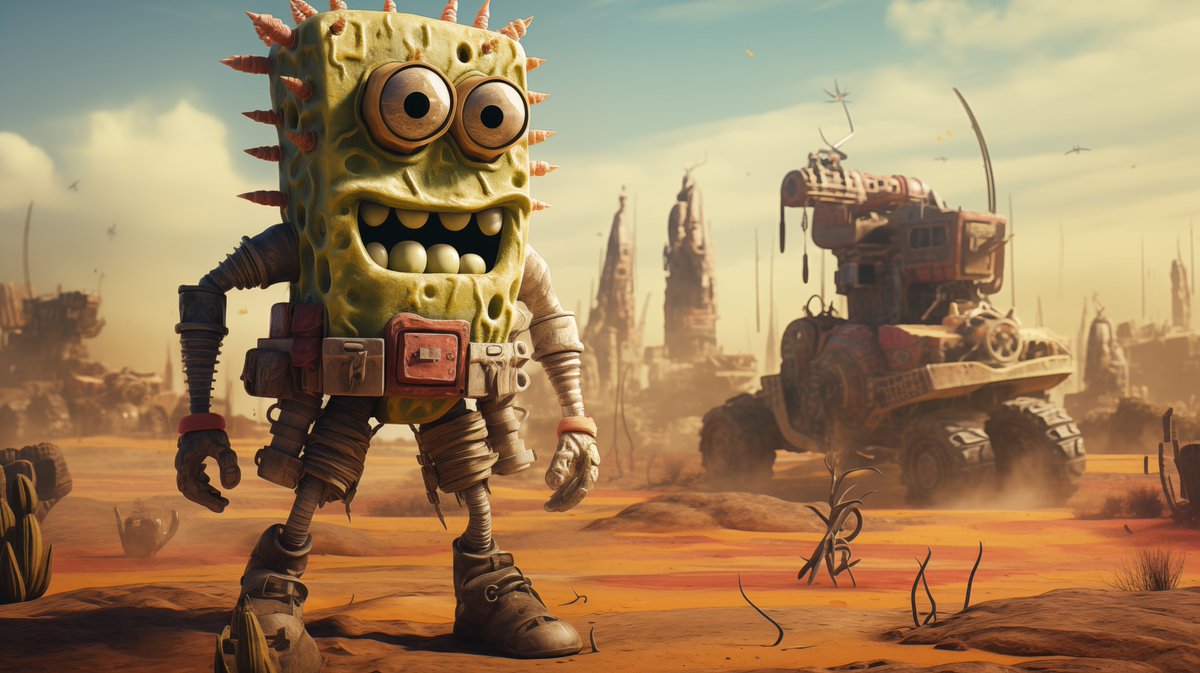 Shinebynous's tweet image. Midjourney's daily theme is desertpunk... This was my outcome... 🤣
Prompt: SpongeBob desertpunk --ar 16:9
#funwithAI
#AIArtwork #AIArtistCommunity #midjourneyart