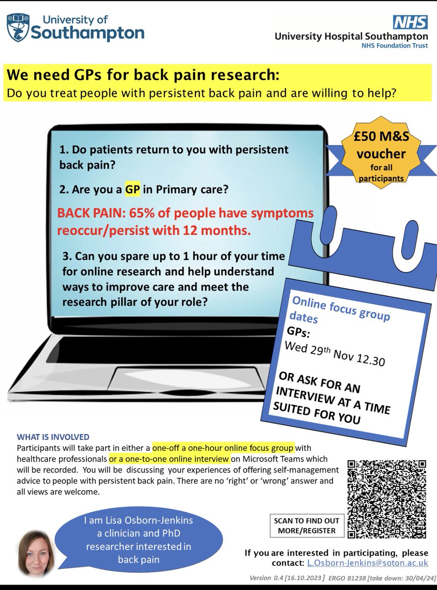 Thank you to all that have contacted me about my research study. We now have recruited out maximum number of Physiotherapists and FCPs.

We are still l👀king for GPs interested in interviews (about people with persistent back pain).