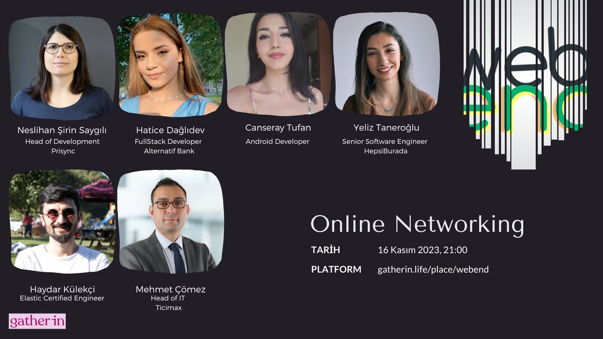 Herkese merhaba! Bu perşembe yeni bir online networking etkinliğiyle daha karşınızdayız! Birbirinden değerli katılımcılarımızla tanışmak ve deneyimlerini dinlemek için hemen etkinliğe kayıt olabilirsiniz! Sorularınızı hazırlayın! gatherin.life/place/webend