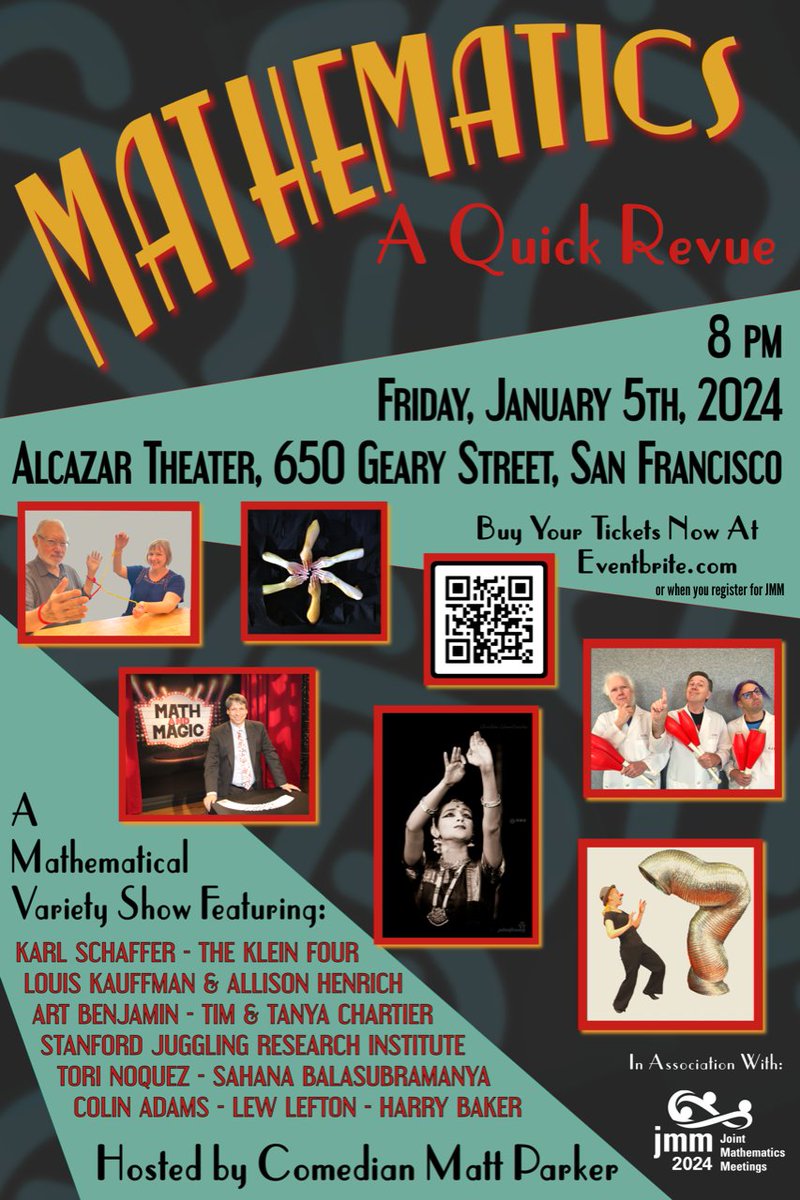 For math lovers in the San Francisco Bay Area, we've been told that tickets are still available for a mathematical variety show hosted by @standupmaths on Friday, January 5, 2024 in conjunction with the @JointMath in downtown San Francisco. More info: eventbrite.com/e/mathematics-…