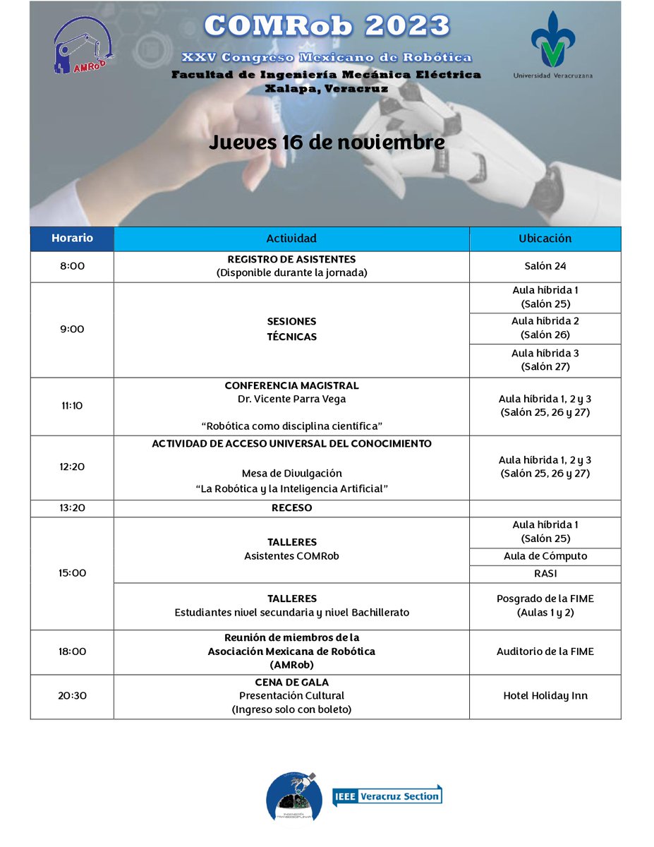UVeracruzanaMx's tweet photo. ¡La Facultad de Ingeniería Mecánica Eléctrica UV será sede del XXV Congreso Mexicano de Robótica!

Consulta el programa y descubre lo que los avances de la tecnología e Inteligencia Artificial en diferentes áreas de la vida.

📅15 al 17 de noviembre de 2024
📍Xalapa, Ver. https://t.co/KslJay0DGw