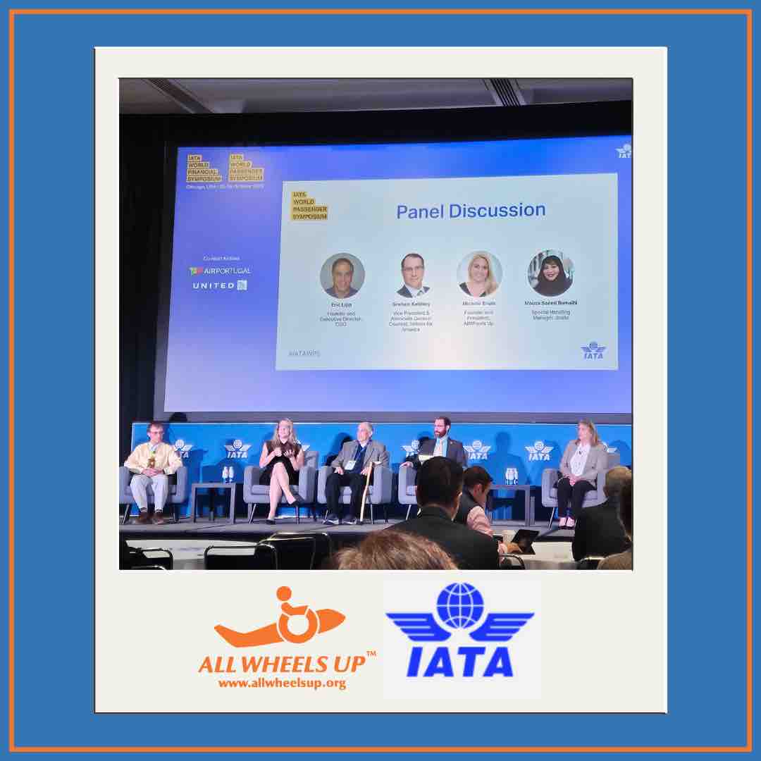 allwheelsup's tweet photo. We are so proud to have had our President and Founder, Michele Erwin, speak at the IATA Conference on October 26th on the topic of safely loading mobility aids in the cargo hold.
ALT: Blue Graphic with an orange border and orange All Wheels Up and blue IATA logo 
#allwheelsup https://t.co/MNnFdROQ4h