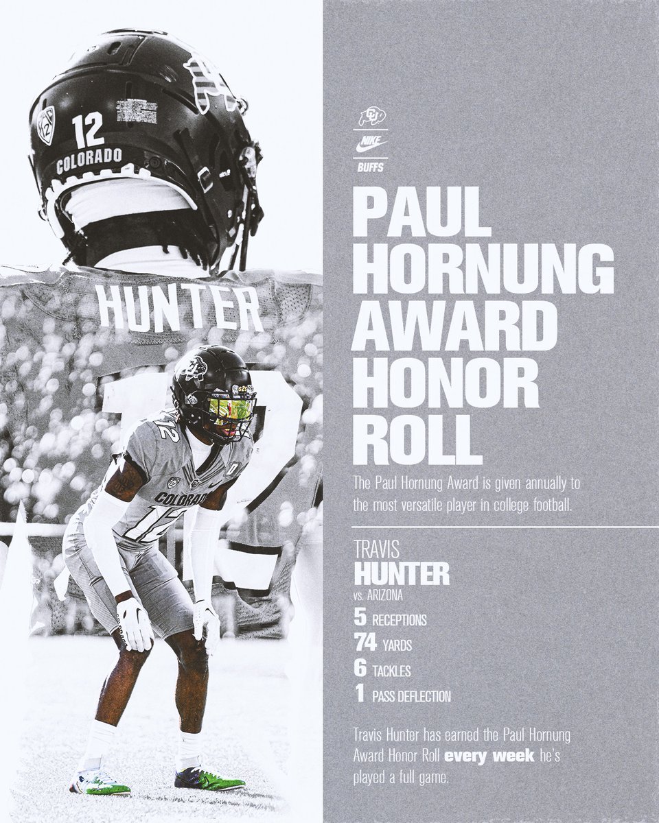 .@hornungaward ➡️ @TravisHunterJr 🔥 Travis has made this honor roll every week he’s played a full game 👏 #GoBuffs