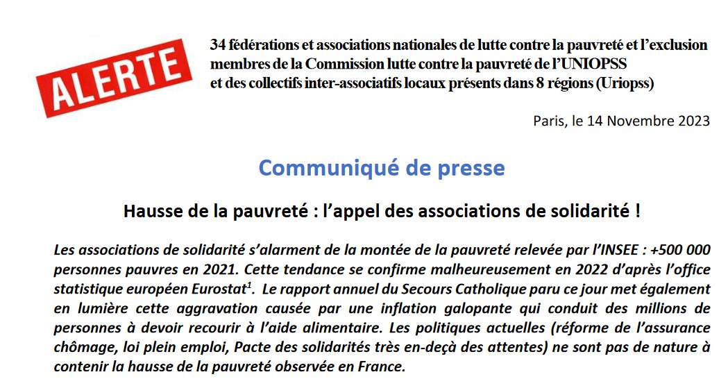🚨+ 500 000 personnes pauvres en 2021 selon les derniers chiffres de l'<a href="/InseeFr/">Insee</a>  !

📢Nous, #associations de #solidarité, lançons un appel aux pouvoirs publics pour des mesures immédiates face à l'urgence et la construction  de réponses structurelles !

👉lstu.fr/S7PVfv6m