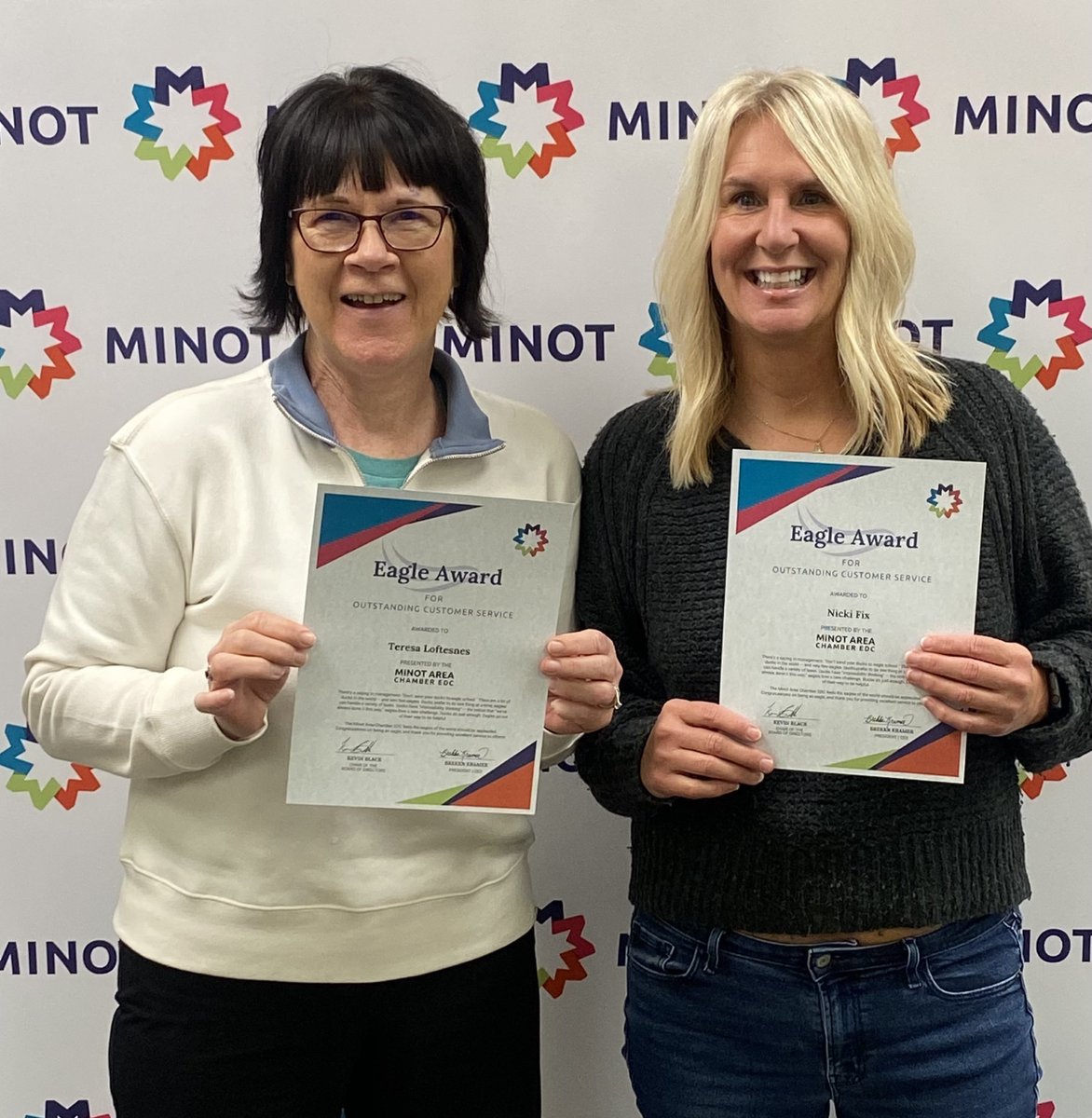 Join us in celebrating Nicki and Teresa as they receive the prestigious Eagle Award from the Minot Area Chamber EDC for their outstanding commitment to excellent customer service! 🎉 

Nicki is Operations Manager of Norsk Høstfest and Teresa is Volunteer Coordinator 👏