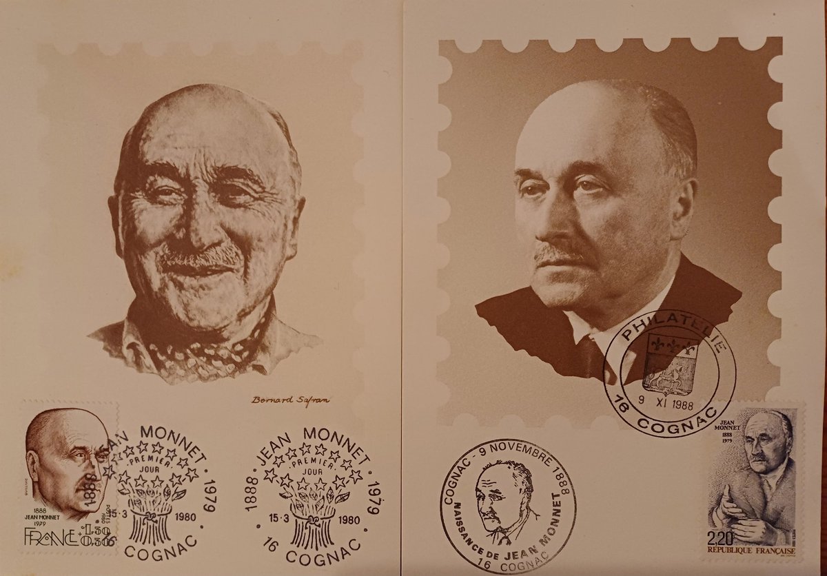 Deux cartes postales du cercle de Philatélie de #cognac. A gauche selon un dessin de Bernard Safran de 1980. A droite pour le centenaire de la naissance de Jean #Monnet le 9 novembre 1988.