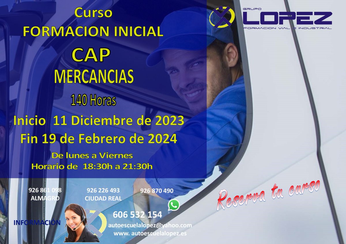 grupLOPEZ's tweet photo. ⚠️CURSO FORMACIÓN INICIAL CAP MERCANCÍAS ⚠️
💥 Reserva ya tu curso CAP FORMACIÓN INICIAL CAP MERCANCÍAS 🚚, comenzamos el próximo 11 DE DICIEMBRE hasta el 19 DE FEBRERO 💥
ℹ️Para más información ☎️ 606532154 https://t.co/sp9V4n6ae7