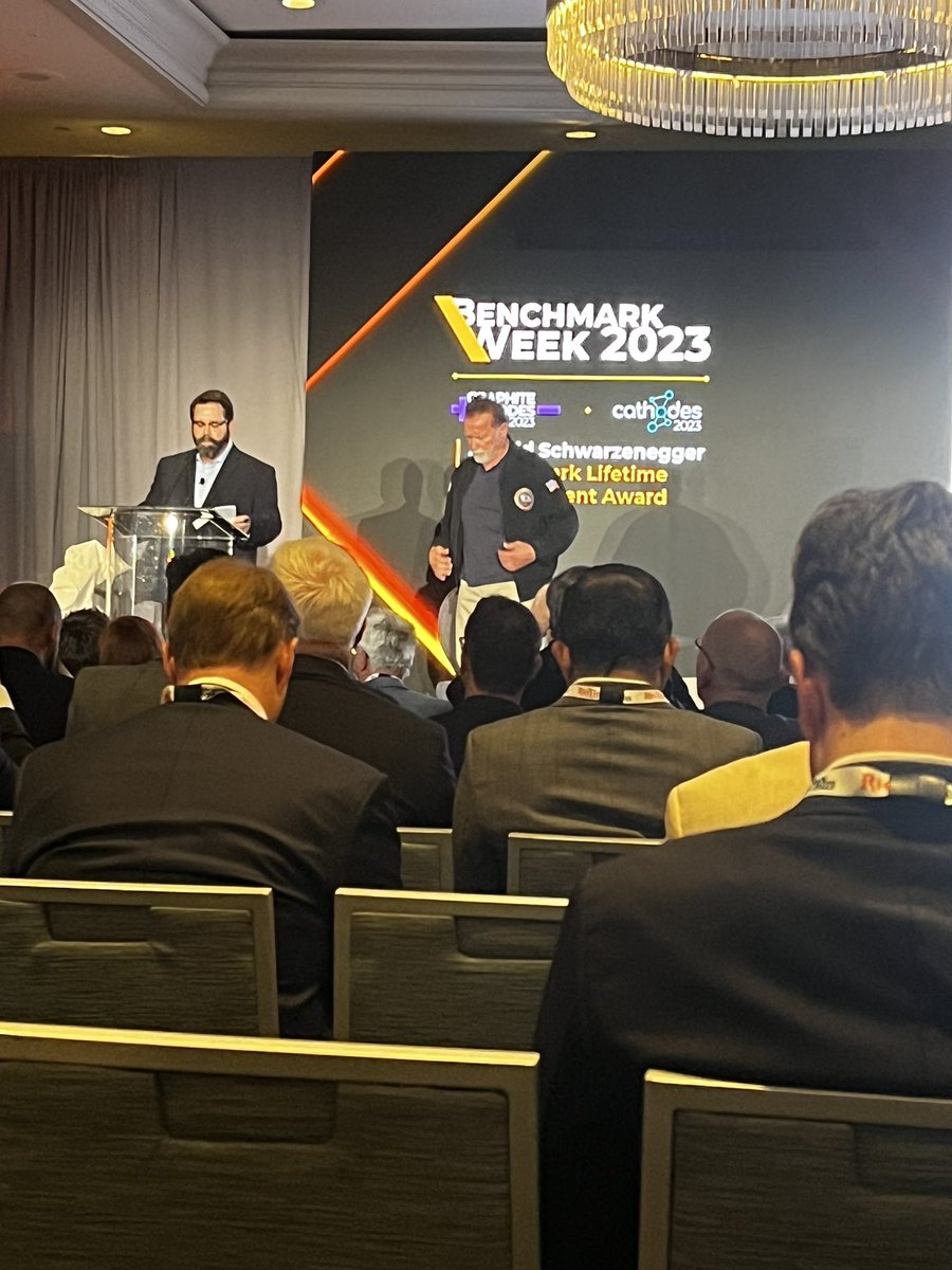 <a href="/Schwarzenegger/">Arnold</a> wins a lifetime achievement award at today’s #BenchmarkWeek23 conference for his climate work. “This is the most important thing: to make our Earth healthy,” 

“Hasta la vista to pollution, Lithium is the new oil.”