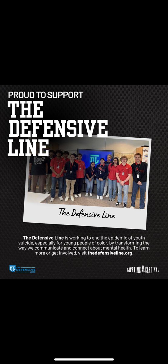 Thrilled to partner with the Defensive Line organization to support Mental Health and bring awareness to this big issue. As a student athlete, organizations like the Defensive line can be a life-saver!! Check out the Defensive Line today!! <a href="/Lifetime_Card/">Lifetime Cardinal</a> @TDefensiveLine