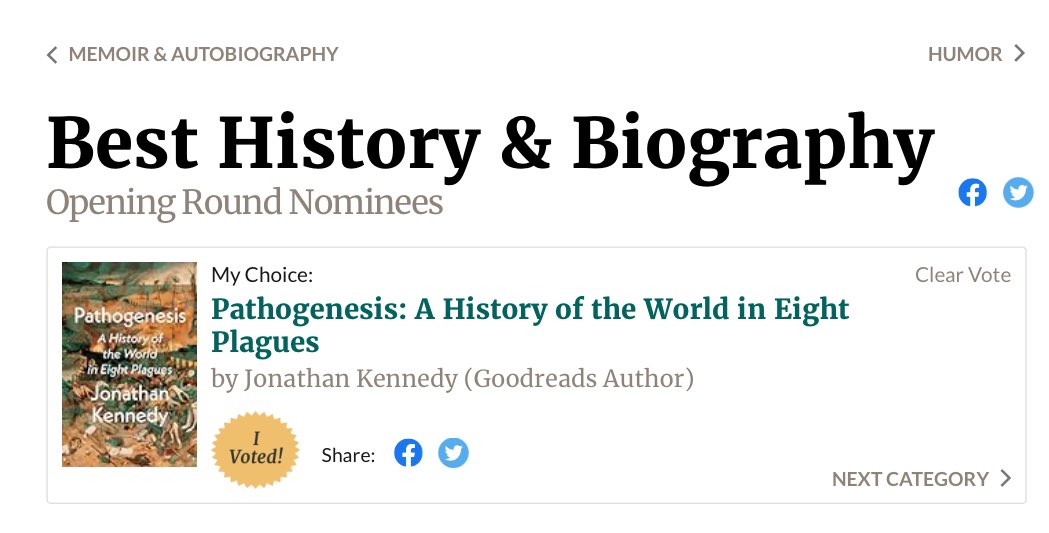 Historia y biografía: «Pathogenesis: A History of the World in Eight Plagues», de Jonathan Kennedy No conozco ninguno pero voto igual 🤠