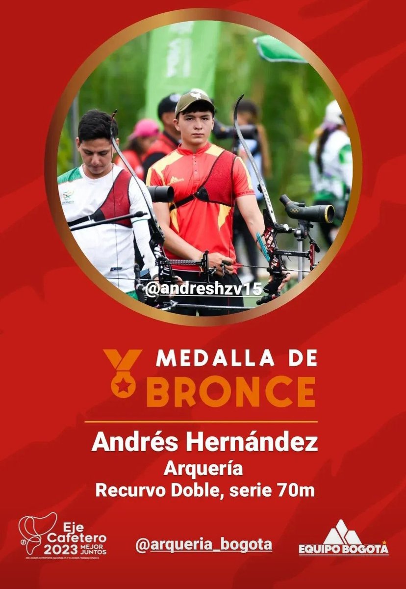 Medalla de #Bronce para #AndrésHernández de @IDRD en #TiroConArco Recurvo de #JuegosNacionales @EjeCafetero2023 #MejorJuntos desde #Pereira.
@ACORDCOLOMBIA1 @IDRD @SenalDeportes @julisalazarmeza @CanalCapital @Citytv @UltimaHoraBLU @RICHENAO @OrregoRicardo @DeportColombia