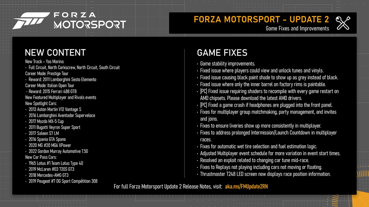Update 2 is rolling out for #ForzaMotorsport on Xbox Series X|S and PC on the Microsoft Store and Steam. Yas Marina is here for you to race now with the Prestige Tour starting November 16. This version also includes several fixes to common community reported issues, including