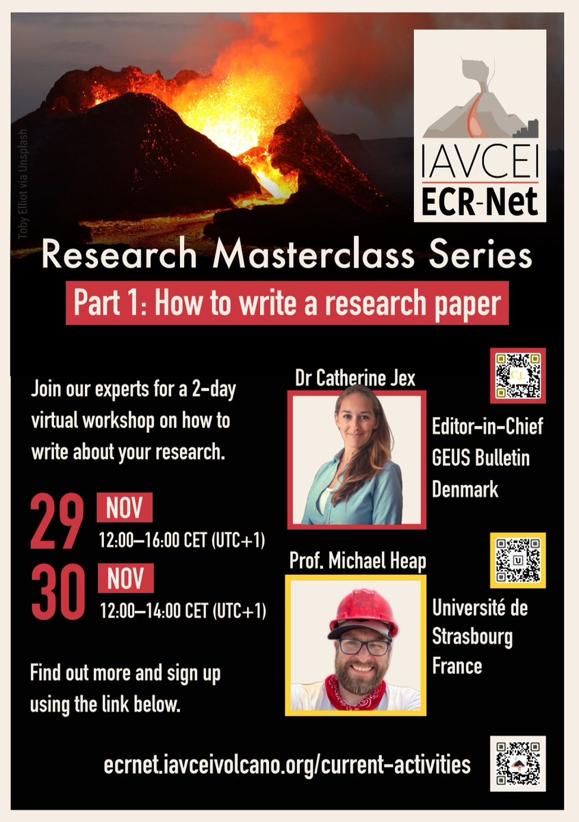 🚨IAVCEI ECR-Net Research Masterclass Series🚨 Part 1: How to write a research paper✍️ Our experts, Dr Cath Jex and Prof. Michael Heap, will outline basics of manuscript structure and methods! Join us here👉ecrnet.iavceivolcano.org/current-activi…