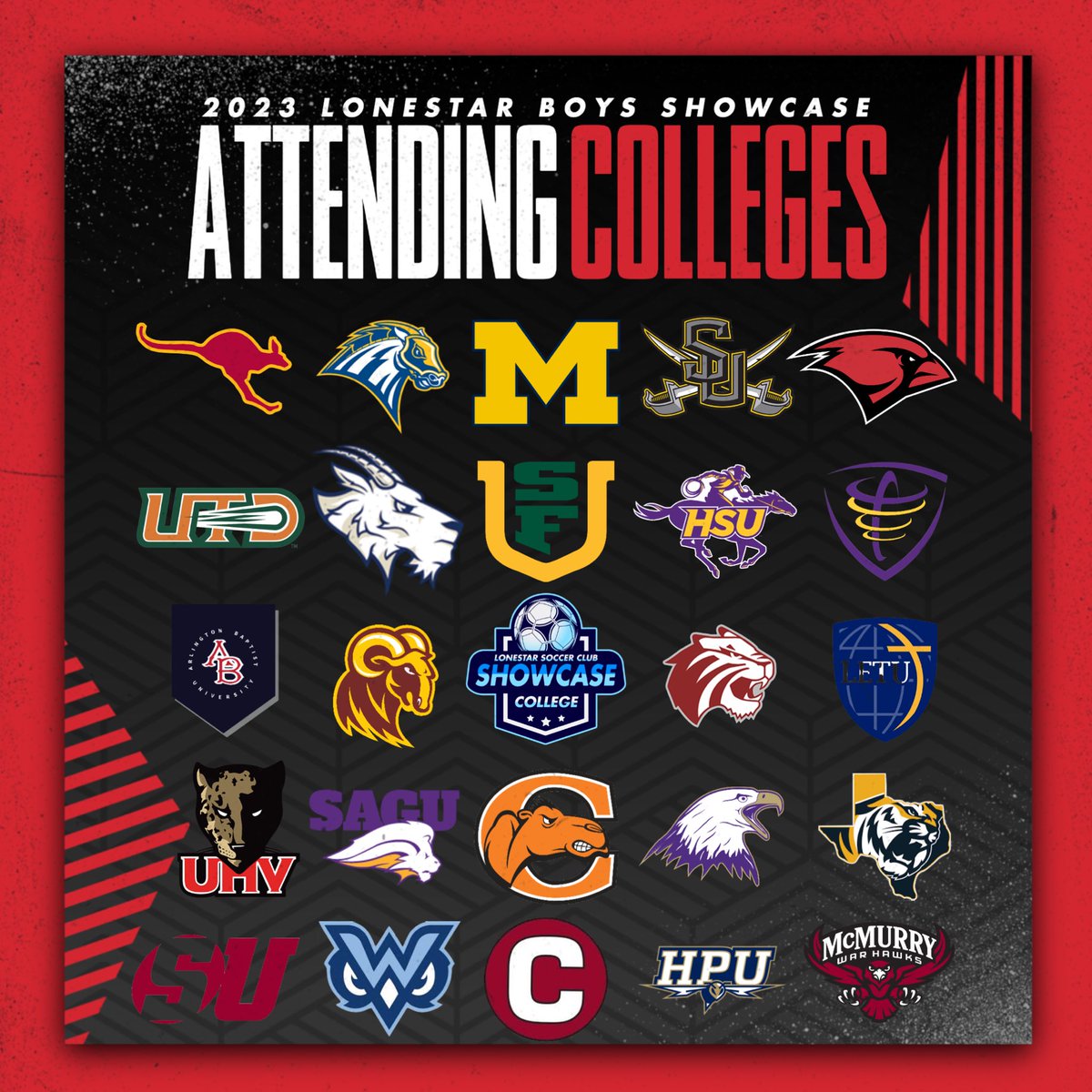 Lonestar SC ⚽️ (@lonestarsc) on Twitter photo COLLEGES REGISTERED TO ATTEND THE BOYS SHOWCASE (so far)👀
<a href="/umichsoccer/">Michigan Men's Soccer</a> <a href="/USFDonsMSoccer/">San Francisco Men's Soccer</a> <a href="/UNewHavenMSOC/">New Haven Men’s Soccer</a> <a href="/GoCamelsMSOC/">Campbell Men’s Soccer</a> <a href="/UIWMensSoccer/">UIW Men's Soccer</a> <a href="/acsoccer/">Austin College ’Roos Men’s Soccer</a> <a href="/HSUMensSoccer/">HSU Men’s Soccer</a> <a href="/SUPiratesMSOC/">Southwestern MSoccer</a> <a href="/UTDMensSoccer/">UT Dallas Men's Soccer</a> <a href="/CTXmenssoccer/">Concordia TX Men's Soccer</a> <a href="/LETUMSoccer/">LeTourneau University Men's Soccer</a> <a href="/TrinitySoccerTX/">Trinity University Men's Soccer</a> <a href="/ozark_soccer/">Ozark Men’s Soccer</a> <a href="/ETBU_Soccer/">ETBU Mens Soccer ⚽️</a> <a href="/gentssoccer/">Centenary Gents Soccer</a> COLLEGES REGISTERED TO ATTEND THE BOYS SHOWCASE (so far)👀
<a href="/umichsoccer/">Michigan Men's Soccer</a> <a href="/USFDonsMSoccer/">San Francisco Men's Soccer</a> <a href="/UNewHavenMSOC/">New Haven Men’s Soccer</a> <a href="/GoCamelsMSOC/">Campbell Men’s Soccer</a> <a href="/UIWMensSoccer/">UIW Men's Soccer</a> <a href="/acsoccer/">Austin College ’Roos Men’s Soccer</a> <a href="/HSUMensSoccer/">HSU Men’s Soccer</a> <a href="/SUPiratesMSOC/">Southwestern MSoccer</a> <a href="/UTDMensSoccer/">UT Dallas Men's Soccer</a> <a href="/CTXmenssoccer/">Concordia TX Men's Soccer</a> <a href="/LETUMSoccer/">LeTourneau University Men's Soccer</a> <a href="/TrinitySoccerTX/">Trinity University Men's Soccer</a> <a href="/ozark_soccer/">Ozark Men’s Soccer</a> <a href="/ETBU_Soccer/">ETBU Mens Soccer ⚽️</a> <a href="/gentssoccer/">Centenary Gents Soccer</a>
