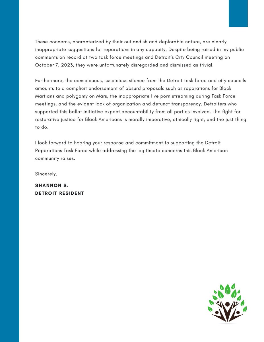 Please see the attached letter addressed to the Detroit Reparations Taskforce 11/14/2023
#ReparationsNow
#DetroitReparationsTaskforce
#TheDetroitGrassRootsCoalition