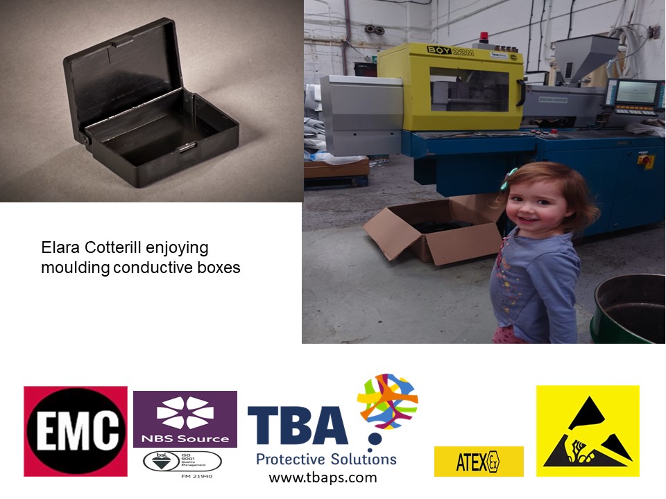 Operations Director, Mark Lineker's,Granddaughter taking a break from her office duties popped into the factory to check out the conductive boxes being moulded in the #TBAPS factory from our own proprietary conductive PP grade, ECP 104.