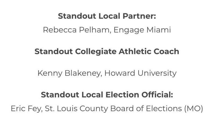 A big congratulations to @EFeyStl and @rickstream at @StLouisCoVotes for winning the @allintovote Campus Democracy Challenge Awards for local election officials. So well-deserved! #umsl #StudentVote #elections