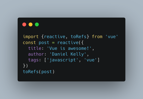 Tip of the week 💡 You can use toRefs() to convert a reactive object to a plain old object filled with refs. #vueschool #Vuejs #Javascript #Refs