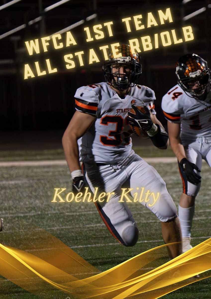 StratfordFB's tweet photo. Congrats to our 3 All State selections!

Koehler Kilty 1st team RB/OLB 
Gavin Leonhardt 1st team TE/FB
Carter Lueck Hon. Mention OL 

Individual accomplishments are nice, but we have bigger goals Thursday.
#wisfb #iagdtbat #TigerPride 🐅 #Prepared2Defend #Ready2Repeat https://t.co/QOxOn2SLel