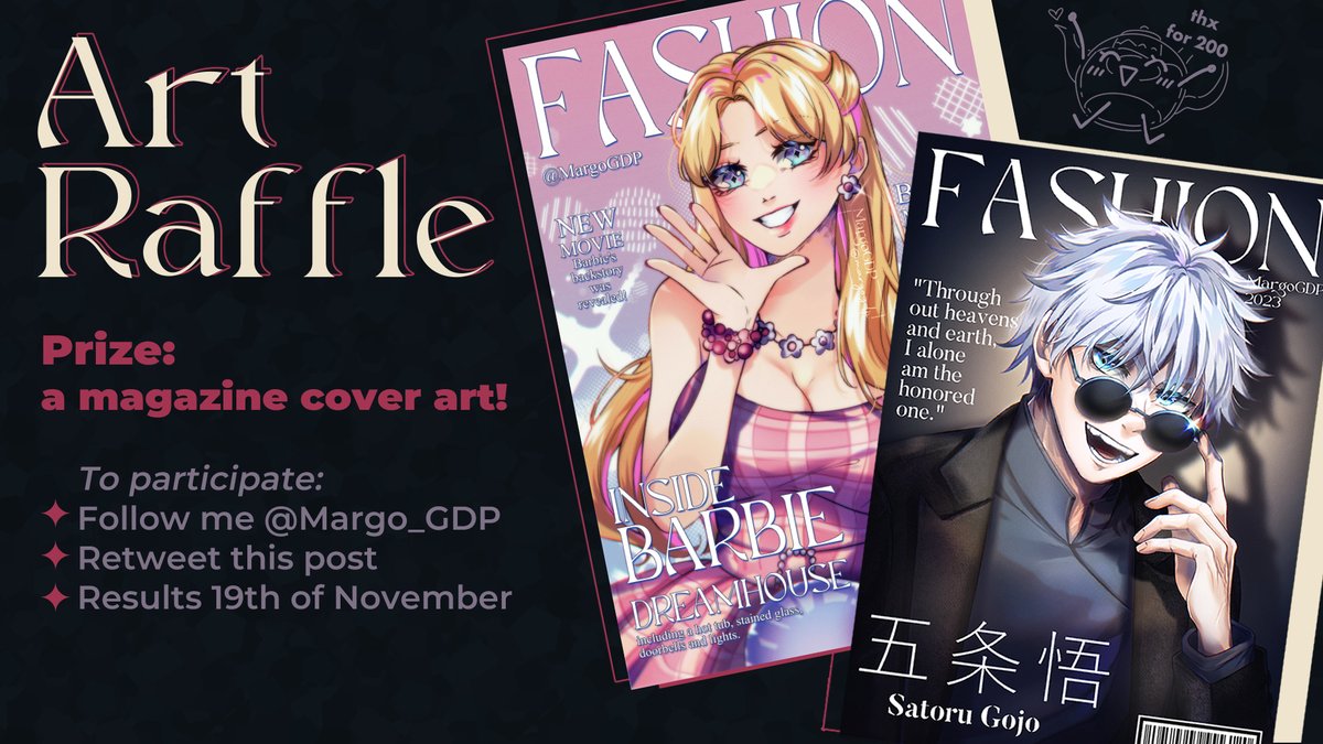 Margo_GDP's tweet photo. ✨FREE ART TIME!✨

As promised, here is the raffle! Thank you for 200 followers 💙

To participate:
✨Follow me @Margo_GDP
✨Retweet this post
✨Results 19th of November

#artraffle #raffle #anime #animeart #animetwt https://t.co/zUwzLg2EkY