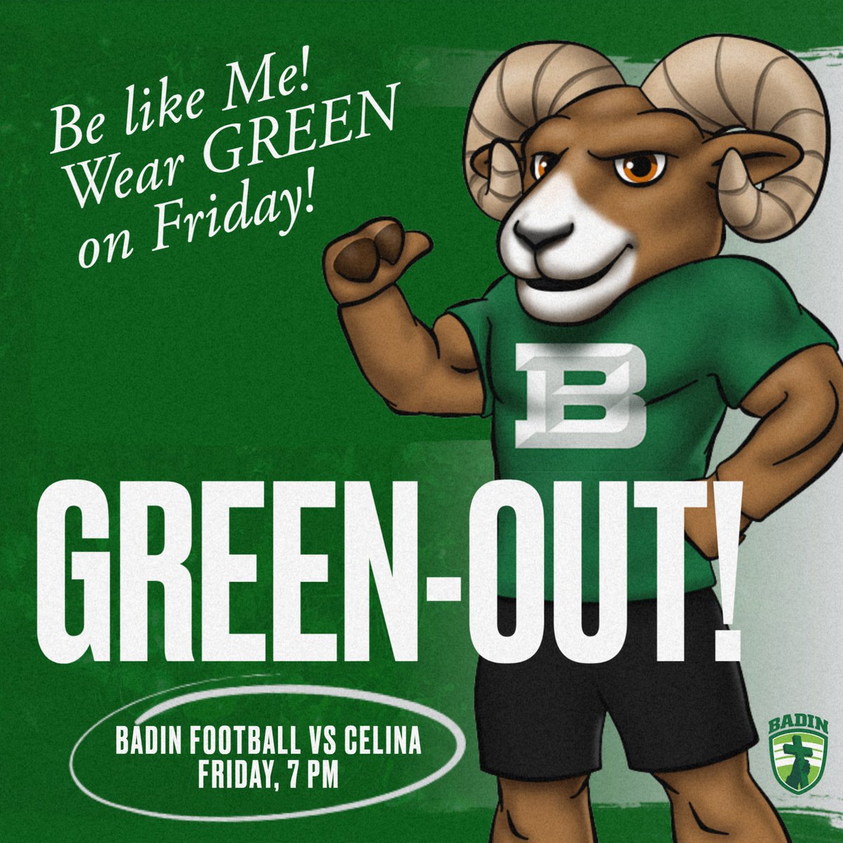 Badin High School (@badinhs) on Twitter photo Calling ALL Ram Fans! Friday's game is a GREEN-OUT! Wear as much green as possible, and fill the stands on Friday night with Badin RamPride!
The team wants to hear YOU cheering for them!
#BadinProud #RamPride <a href="/BHSfootball4/">@BHSfootball</a> <a href="/badinhigh24/">Badin Junior Class โ24</a> Calling ALL Ram Fans! Friday's game is a GREEN-OUT! Wear as much green as possible, and fill the stands on Friday night with Badin RamPride!
The team wants to hear YOU cheering for them!
#BadinProud #RamPride <a href="/BHSfootball4/">@BHSfootball</a> <a href="/badinhigh24/">Badin Junior Class โ24</a>