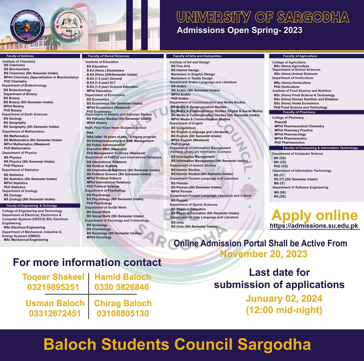 BSC_DIK's tweet photo. University of Sargodha has announced "Spring Admissions 2024" in undergraduate and postgraduate academic programs.

Contact BSC Sargodha:
Toqeer Shakeel 03219895251 
Usman Baloch 03312672451 
Hamid Baloch 0330 5826846 
Chirag Baloch 0310 8805130 https://t.co/RTcVLpuaFw
