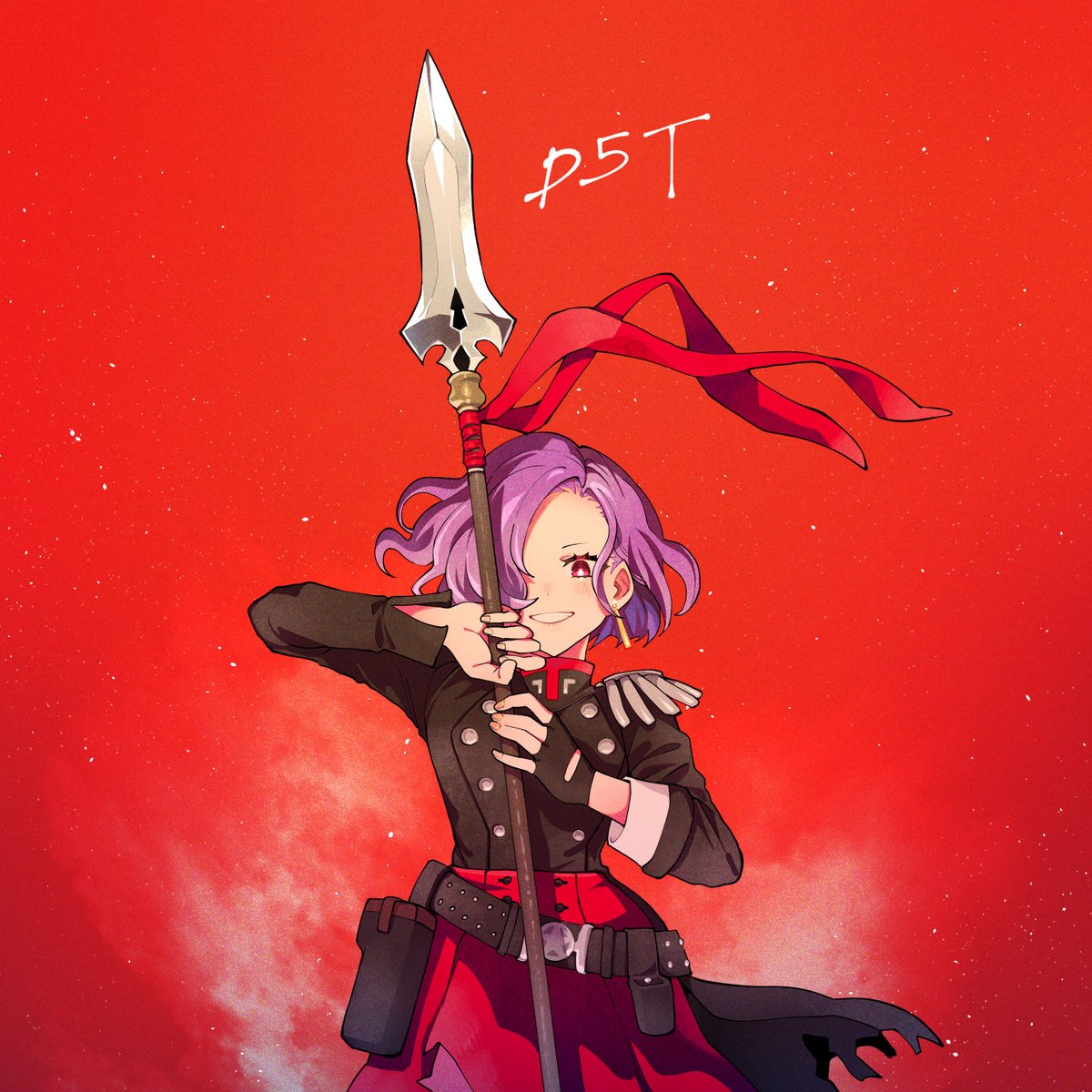 1girl weapon solo purple hair red background polearm holding  illustration images