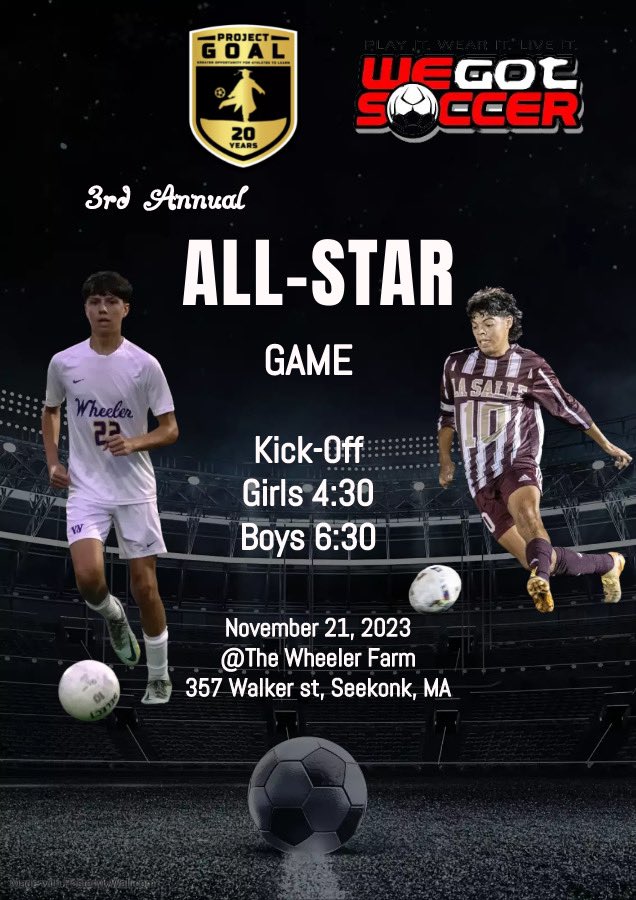 Come check out our 3rd Annual College Showcase All Star Game on Tuesday, November 21st at @wheelerschool farm field in Seekonk, MA. Local college and @RhodeIslandFC coaches will be in attendance! #soccer4good #EducationMatters