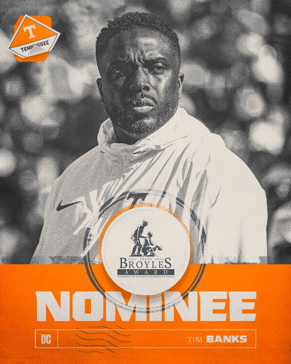 Tennessee Football (@vol_football) on Twitter photo Defensive Coordinator Tim Banks has been nominated for the <a href="/BroylesAward/">The Broyles Award</a> presented annually college football's top assistant coach.
#GBO 🍊 Defensive Coordinator Tim Banks has been nominated for the <a href="/BroylesAward/">The Broyles Award</a> presented annually college football's top assistant coach.
#GBO 🍊