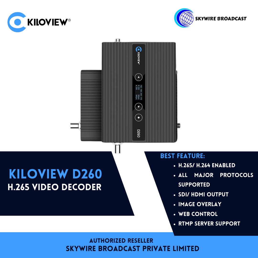 skywireindia's tweet image. H.265 IP To SDI/HDMI Video Decoder
Brand: Kiloview
Model: D 260
Transmission Protocol: All Major Protocol Supported
Visit skywirebroadcast.com to know more or buy it!
Contact Us: wa.me/message/XXKDKH…
#kiloview #kiloviewindia #videodecoder #broadcastsolution #skywire